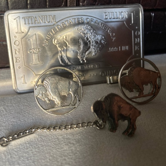 Vintage Buffalo Nickel Cufflinks & Buffalo Tie Pin set with 1 once Titanium